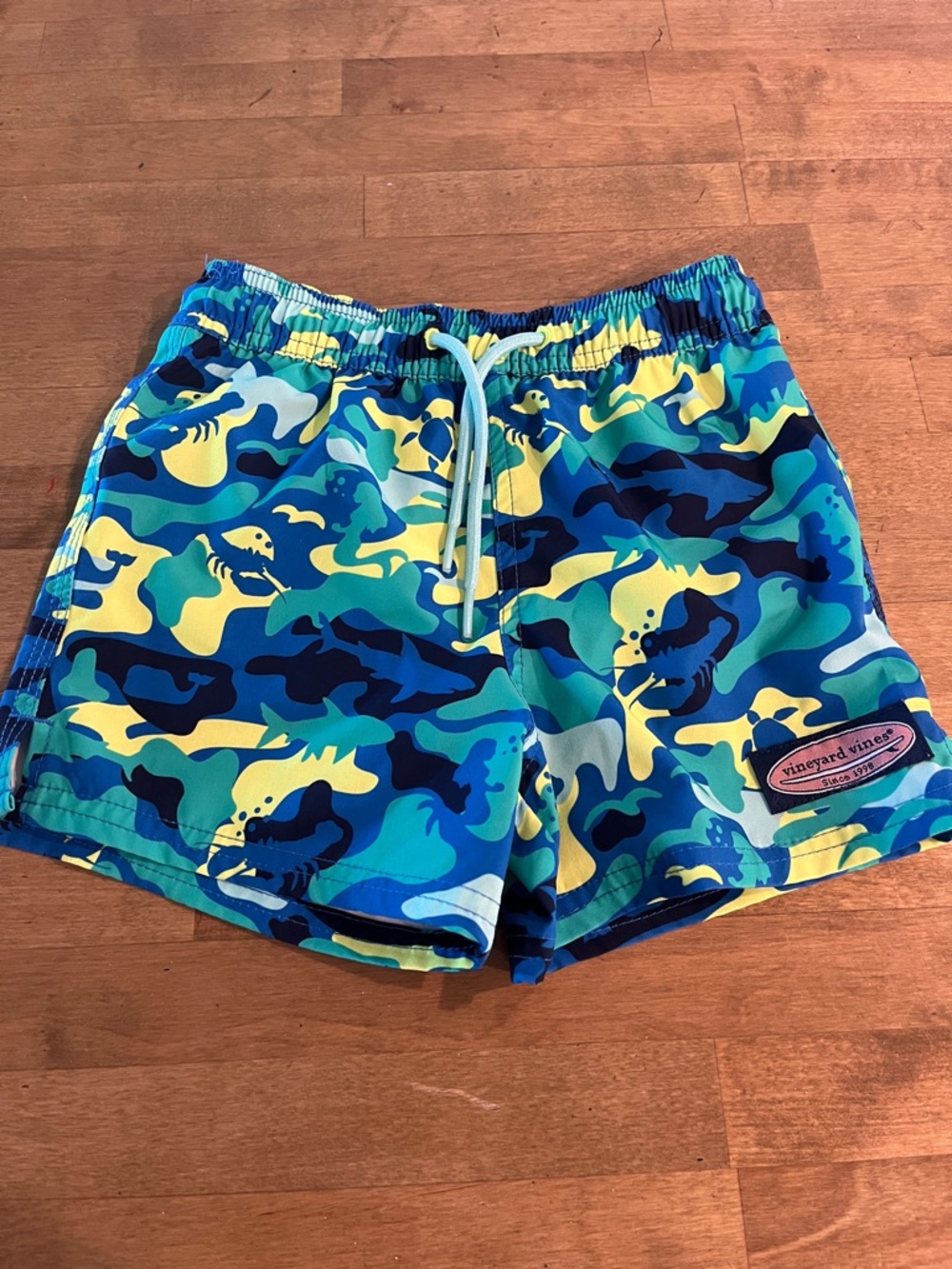 Vineyard Vines Teal, Navy & Yellow Shark Camo Swim Shorts